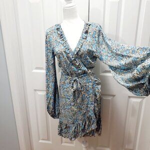 NWT Mini Wrap Dress S/M Blue Floral Boho Ruffle Cottagecore Sea Lustre Tortola